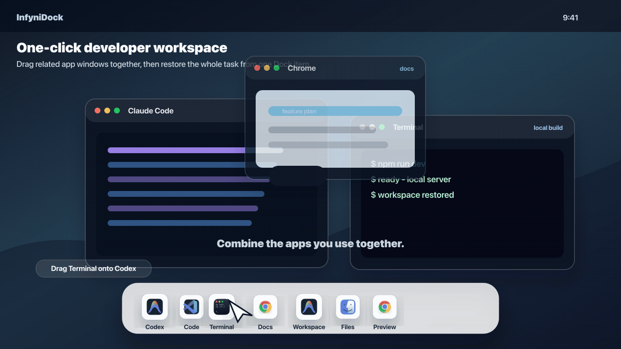 InfyniDock workspace restoring multiple windows into a saved layout